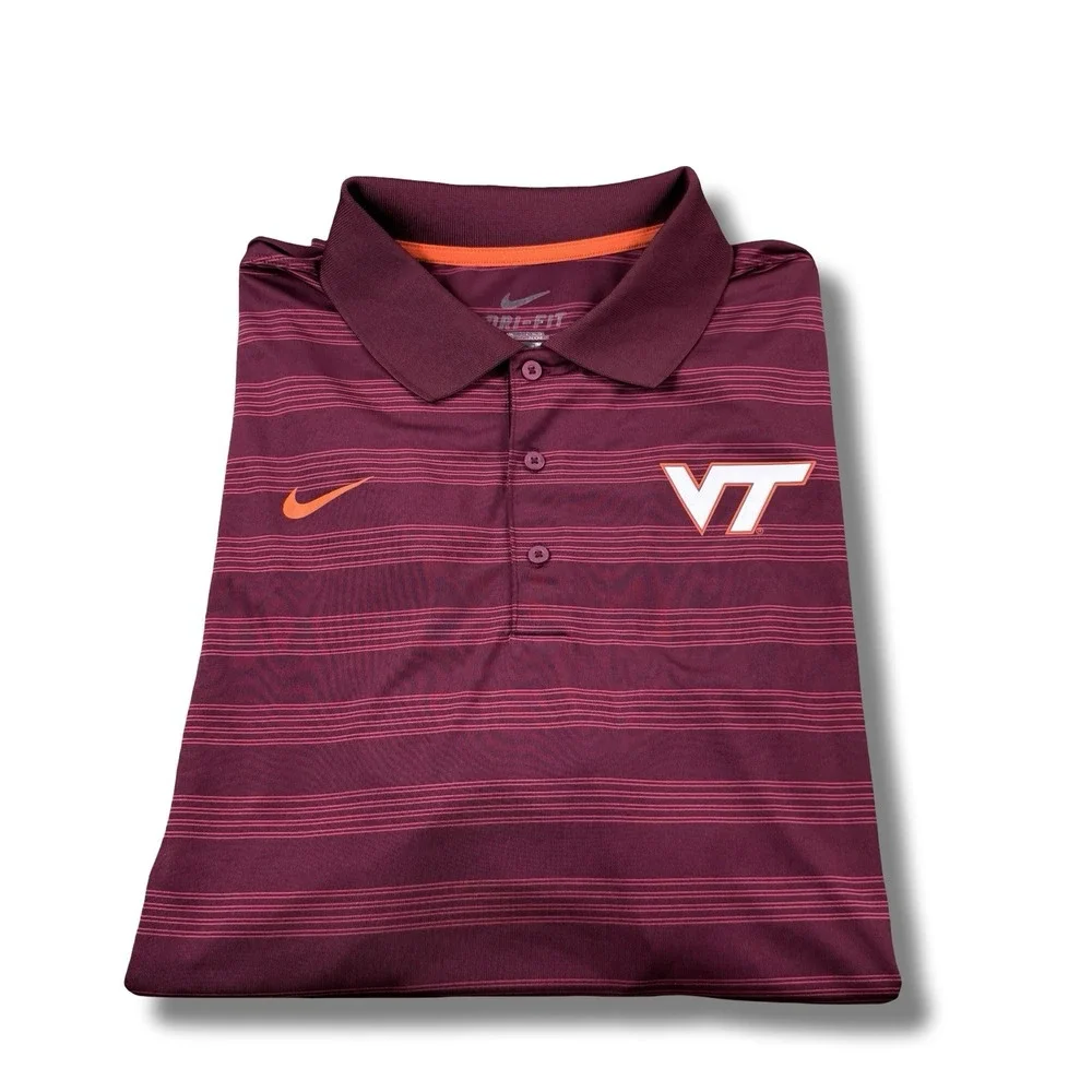 Nike Dri-Fit Virginia Tech Hokies Maroon Striped Polo Shirt Mens Size 2XL EUC